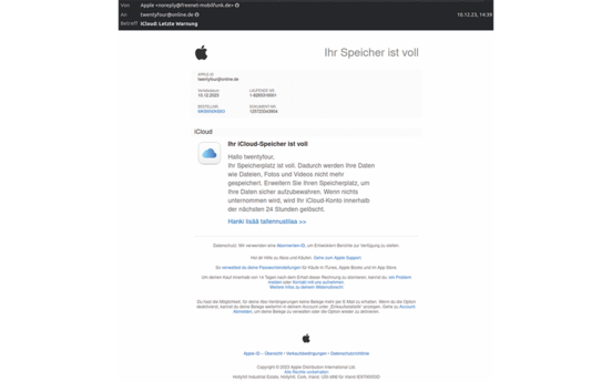 Screenshot Phishing Cloud-Speicher voll